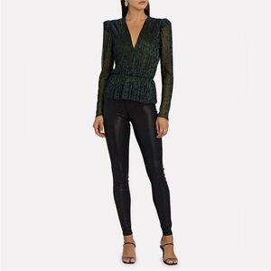 Sabina Musayev Women’s Sheer Metallic Green Pleated Deep V-Neck Bruno Top Small